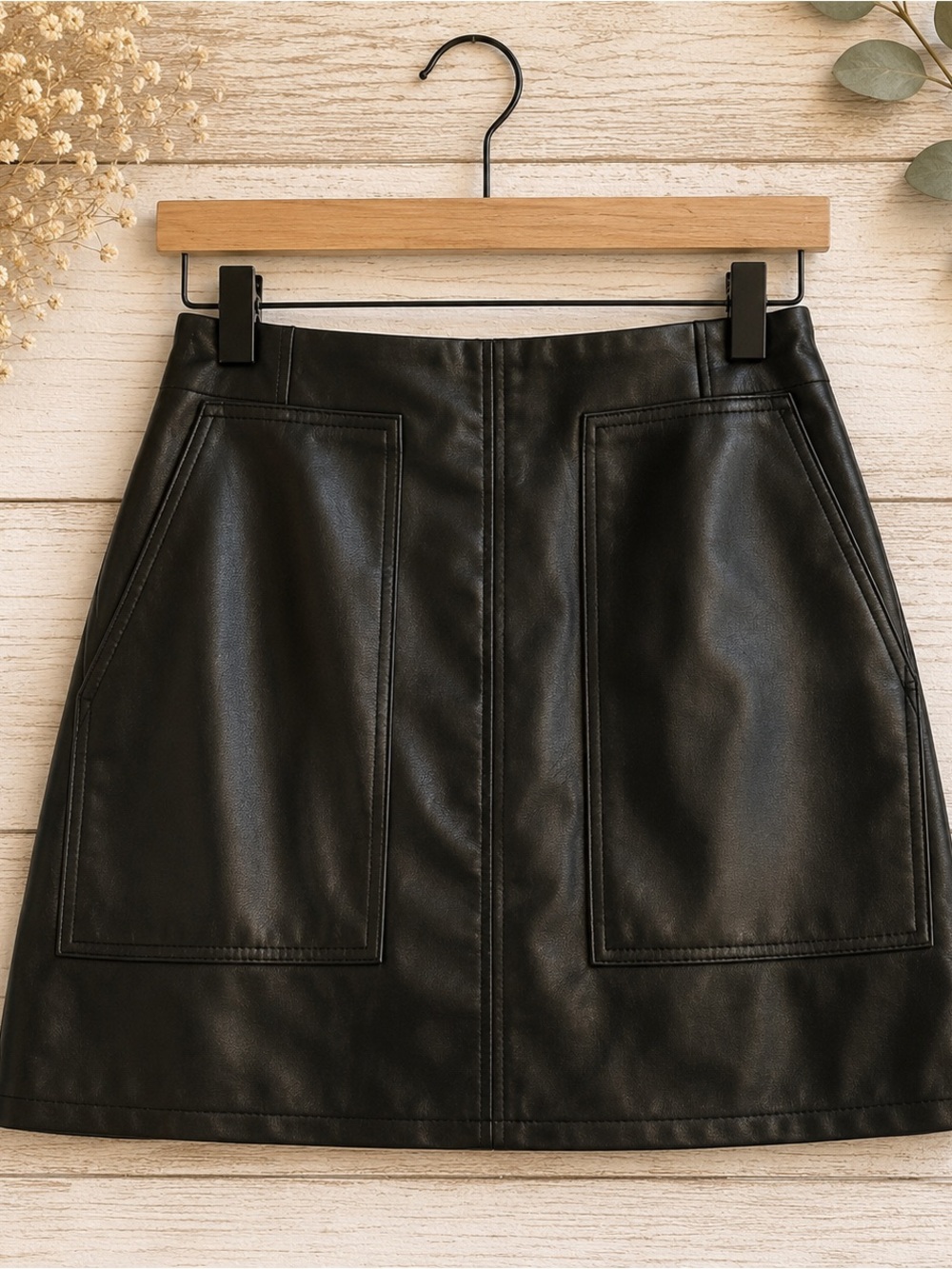 H&M Black Faux Leather A-Line Mini Skirt with Front Patch Pockets